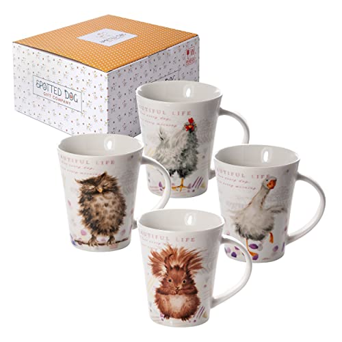 SPOTTED DOG GIFT COMPANY Coffee Mug Set of 4, Cute Mugs with Owl Squirrel Hen Goose Designs, 12oz Ceramic Animal Mugs Tea Cups Porcelain China, Unique Gifts for Animal Lovers Men Women