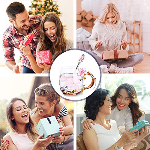 Goodking Flower Glass Coffee Mug Tea Cup with Spoon, Best Birthday, Christmas, Valentine's Day, Mothers Day Gifts for Women Wife Mom Friends