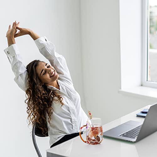 Natayoo Enamel Flower Glass Coffee Mugs Tea Cup with Steel Spoon, Best Christmas Gifts For Women Wife Mom Friends Birthday Mothers Day Valentines Day Present Idea