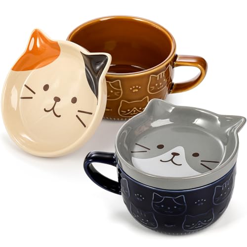 Cididu Set of 2 Cute Ceramic Cat Mug with Lid, 10 OZ Novelty Coffee Milk Mug with Coaster, Kawaii Tea Cup Breakfast Mug for Cat Lovers, Birthday Valentines Gifts for Women Girls Animal Lovers