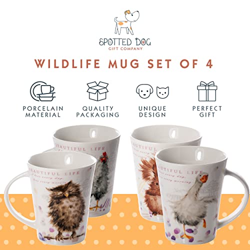 SPOTTED DOG GIFT COMPANY Coffee Mug Set of 4, Cute Mugs with Owl Squirrel Hen Goose Designs, 12oz Ceramic Animal Mugs Tea Cups Porcelain China, Unique Gifts for Animal Lovers Men Women