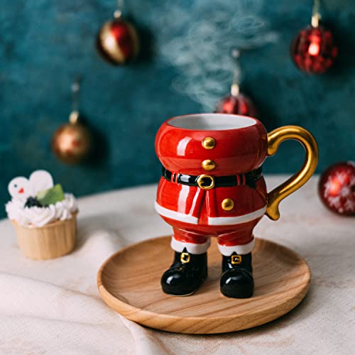 Christmas Santa Claus Mug - Hand Painted - Holiday Seasonal Gift, Coffee, Tea Water - 14 oz 6" High Winter Season Cup, Cute Merry Xmas, Reindeer, Snowman, Christmas Tree Design, Red & White Gold Decor