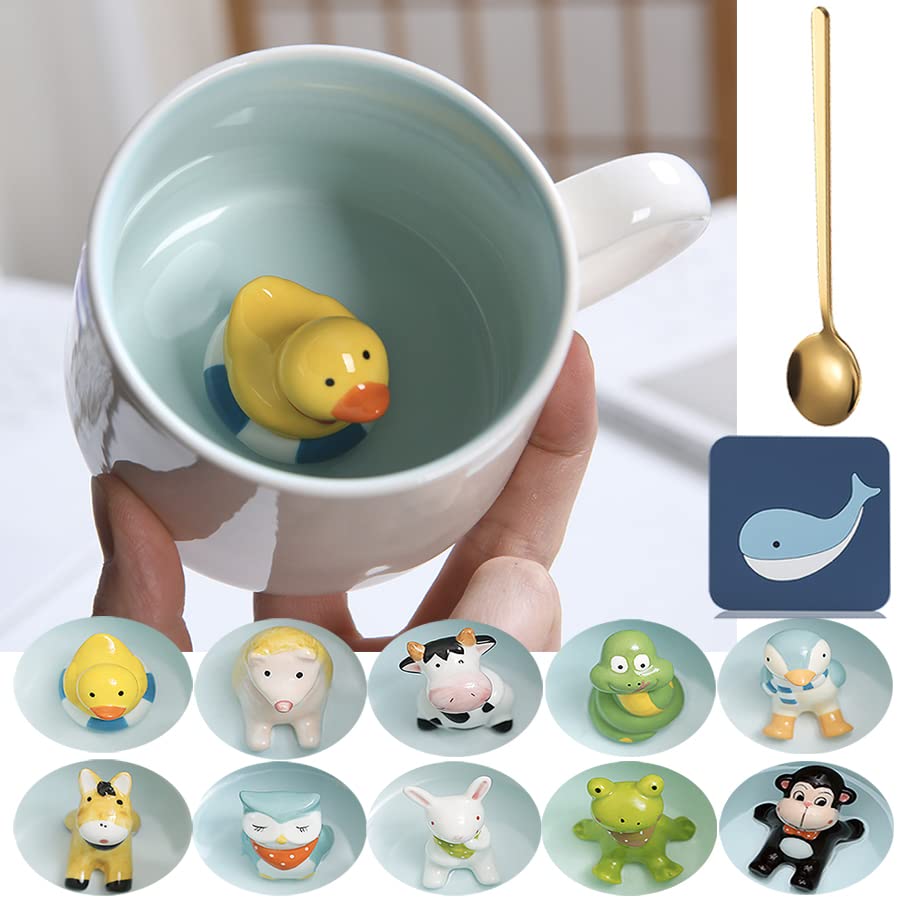 Arawat Animal Coffee Mugs with Duck Cute Coffee Mugs 12 OZ Duck Inside Cups Tea Cups with Handle Ceramic Cups Funny Coffee Mugs with Spoon Mugs Gift for Women Friends Coffee Mug for Birthday