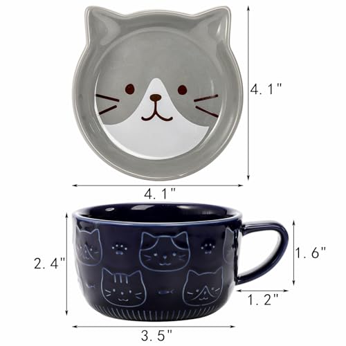 Cididu Set of 2 Cute Ceramic Cat Mug with Lid, 10 OZ Novelty Coffee Milk Mug with Coaster, Kawaii Tea Cup Breakfast Mug for Cat Lovers, Birthday Valentines Gifts for Women Girls Animal Lovers
