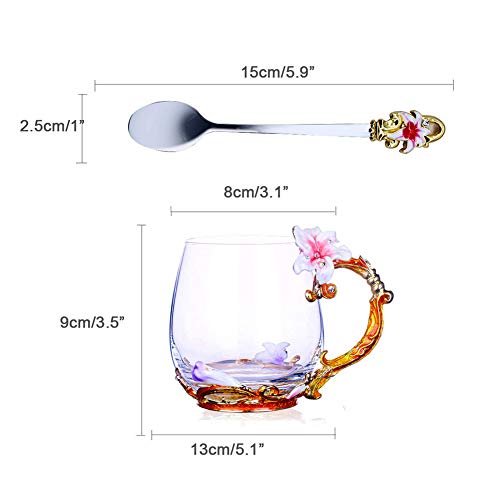 Goodking Flower Glass Coffee Mug Tea Cup with Spoon, Best Birthday, Christmas, Valentine's Day, Mothers Day Gifts for Women Wife Mom Friends