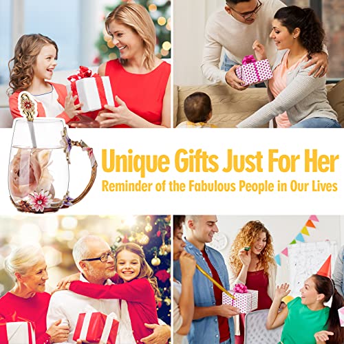 Natayoo Enamel Flower Glass Coffee Mugs Tea Cup with Steel Spoon, Best Christmas Gifts For Women Wife Mom Friends Birthday Mothers Day Valentines Day Present Idea