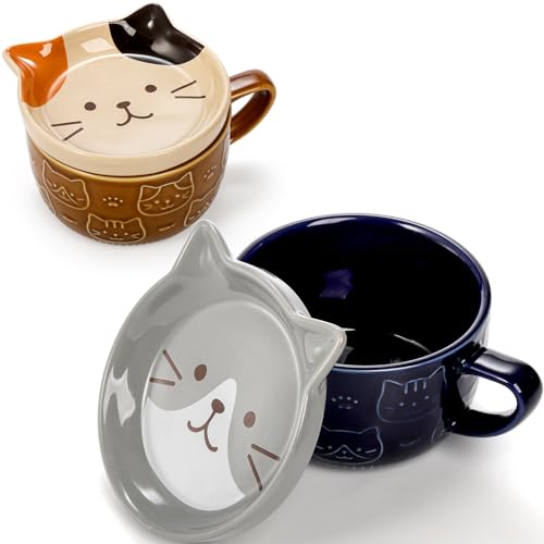 Cididu Set of 2 Cute Ceramic Cat Mug with Lid, 10 OZ Novelty Coffee Milk Mug with Coaster, Kawaii Tea Cup Breakfast Mug for Cat Lovers, Birthday Valentines Gifts for Women Girls Animal Lovers