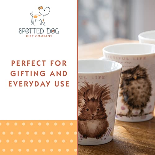 SPOTTED DOG GIFT COMPANY Coffee Mug Set of 4, Cute Mugs with Owl Squirrel Hen Goose Designs, 12oz Ceramic Animal Mugs Tea Cups Porcelain China, Unique Gifts for Animal Lovers Men Women