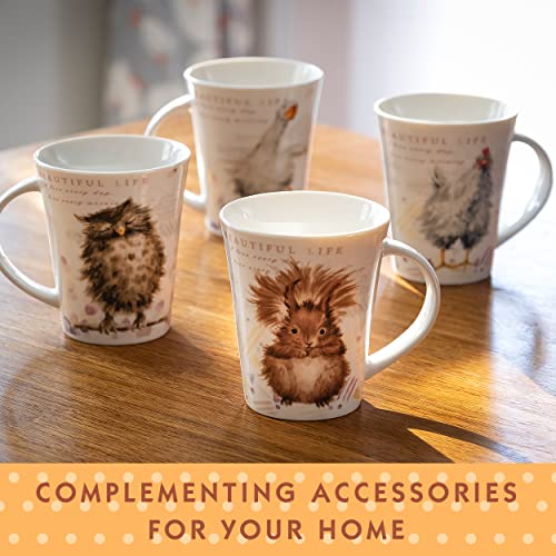 SPOTTED DOG GIFT COMPANY Coffee Mug Set of 4, Cute Mugs with Owl Squirrel Hen Goose Designs, 12oz Ceramic Animal Mugs Tea Cups Porcelain China, Unique Gifts for Animal Lovers Men Women