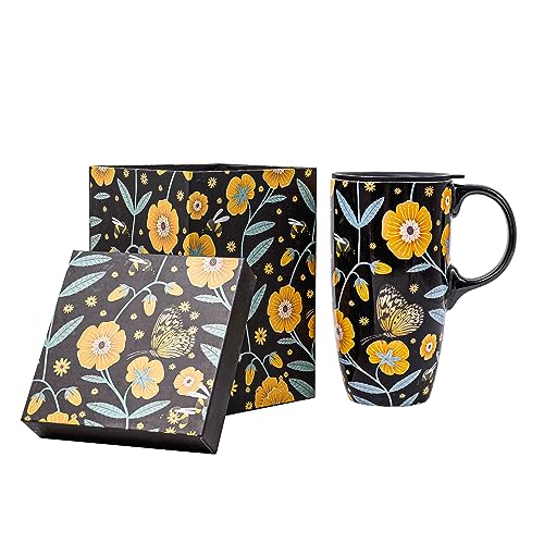 Topadorn Ceramic Travel Mug with Handle, Splash-Resistant Slider Lid, Perfect for Coffee and Tea, Microwave & Dishwasher Safe, Butterflies & Flowers