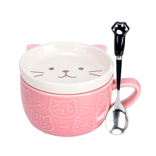 XinHuiGY Cute Cat Coffee Mug with Lid,Animal Tea Cup with Saucer Set,Kawaii Ceramic Mugs with Biscuit Holder and Spoon,Gifts for Women,Teacher,Friend,for Mothers Day,Easter,Christmas (Pink Cat)