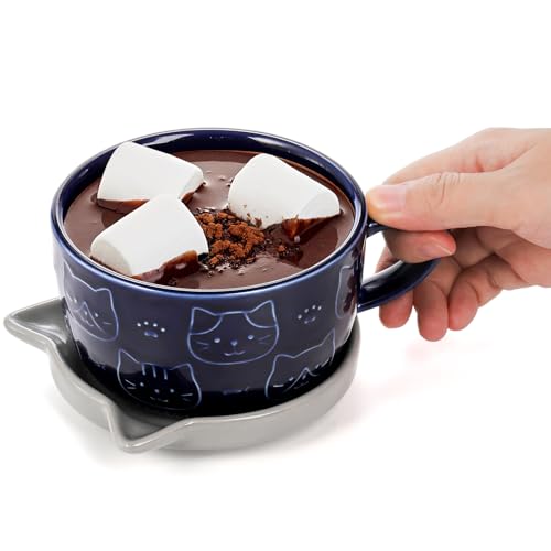 Cididu Set of 2 Cute Ceramic Cat Mug with Lid, 10 OZ Novelty Coffee Milk Mug with Coaster, Kawaii Tea Cup Breakfast Mug for Cat Lovers, Birthday Valentines Gifts for Women Girls Animal Lovers