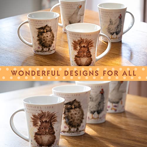 SPOTTED DOG GIFT COMPANY Coffee Mug Set of 4, Cute Mugs with Owl Squirrel Hen Goose Designs, 12oz Ceramic Animal Mugs Tea Cups Porcelain China, Unique Gifts for Animal Lovers Men Women