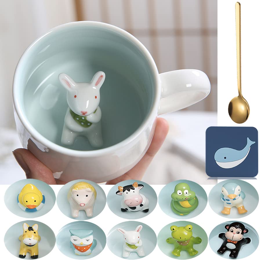 Arawat Rabbit Inside Cup Cute Coffee Mugs 12 OZ Funny Coffee Mugs with Handle Tea Cup with Spoon Ceramics Cups Novelty Cups for Rabbit Lover Office Mug Animal Cups Cartoon Rabbit Mugs as Gift Mug