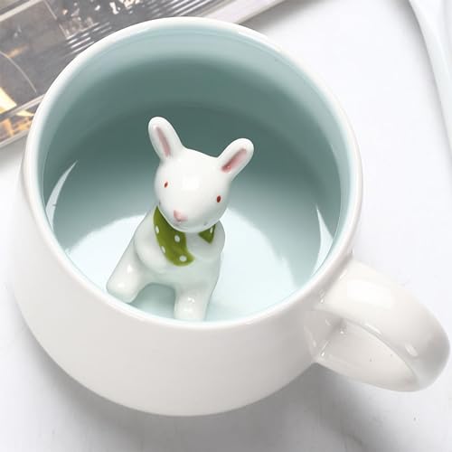 Arawat Rabbit Inside Cup Cute Coffee Mugs 12 OZ Funny Coffee Mugs with Handle Tea Cup with Spoon Ceramics Cups Novelty Cups for Rabbit Lover Office Mug Animal Cups Cartoon Rabbit Mugs as Gift Mug