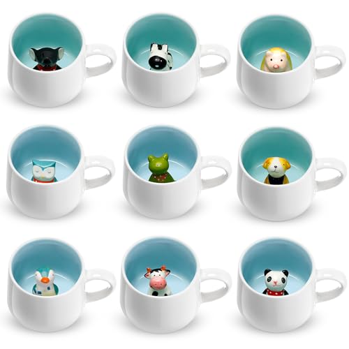 Shellwei 9 Pcs 3D Animal Inside Coffee Mugs 13.5 oz Cute Cartoon Ceramics Handmade Mug Statue Tea Cup for Boys Girls Kids Birthday Graduation Gifts Thank You Teacher Gifts Employee Gifts