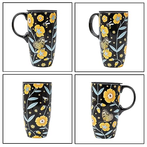 Topadorn Ceramic Travel Mug with Handle, Splash-Resistant Slider Lid, Perfect for Coffee and Tea, Microwave & Dishwasher Safe, Butterflies & Flowers