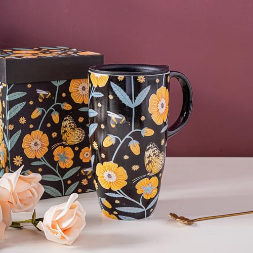 Topadorn Ceramic Travel Mug with Handle, Splash-Resistant Slider Lid, Perfect for Coffee and Tea, Microwave & Dishwasher Safe, Butterflies & Flowers