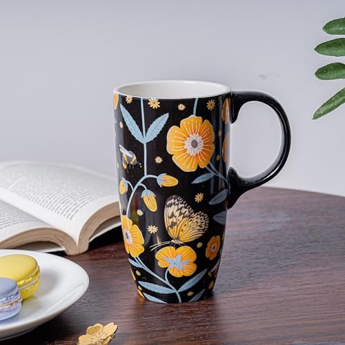Topadorn Ceramic Travel Mug with Handle, Splash-Resistant Slider Lid, Perfect for Coffee and Tea, Microwave & Dishwasher Safe, Butterflies & Flowers