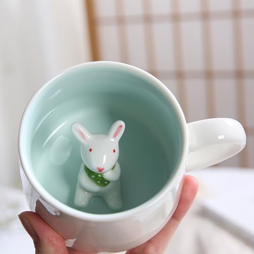 Arawat Rabbit Inside Cup Cute Coffee Mugs 12 OZ Funny Coffee Mugs with Handle Tea Cup with Spoon Ceramics Cups Novelty Cups for Rabbit Lover Office Mug Animal Cups Cartoon Rabbit Mugs as Gift Mug