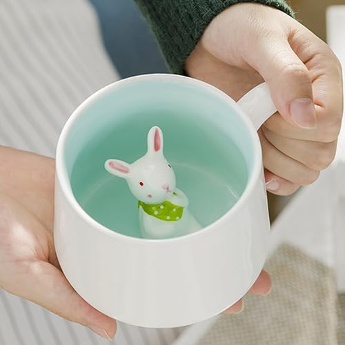 Arawat Rabbit Inside Cup Cute Coffee Mugs 12 OZ Funny Coffee Mugs with Handle Tea Cup with Spoon Ceramics Cups Novelty Cups for Rabbit Lover Office Mug Animal Cups Cartoon Rabbit Mugs as Gift Mug