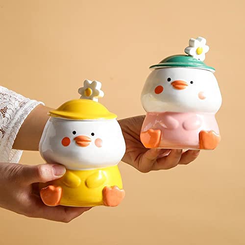 Yellow Funny Duck Cup 3D Cute Mug Ceramic Coffee Mug with Spoon and Lid Kawaii Mug Animal Mug for Milk Tea Cappuccino Mug for Women Girls Cute Birthday Christmas Gifts Idea