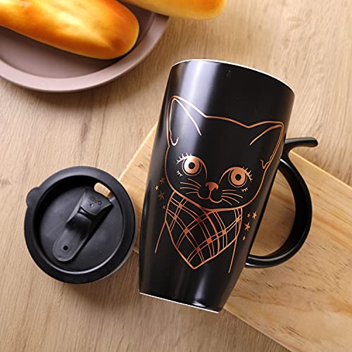 WHJY 20oz Large Black Cute Cat Ceramic Coffee Mug Cup with Splash-proof Lid, Cat Tail Shape Handle, Animal Cat Mug Tumbler (black)