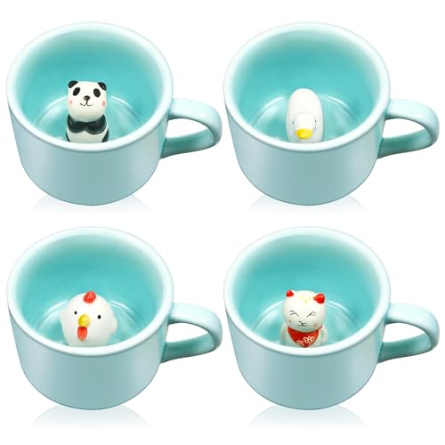 Uiifan 4 Pieces 3D Mug Animal Mug 3D Coffee Mug Hidden 3D Cartoon Ceramics Figurine Tea Cup 3D Mug Animal Inside Cup Cute Mug for Coffee Gift Friend Women Men (Cute)