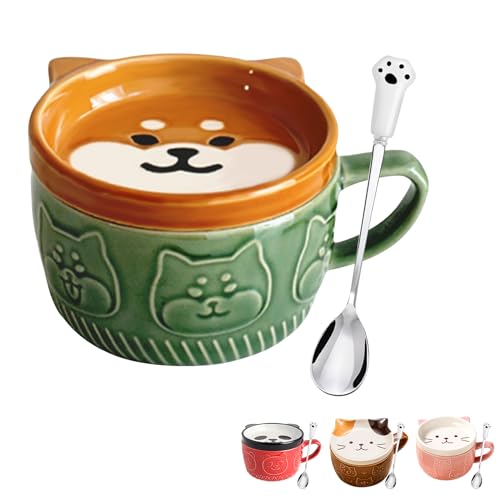 Cute Kawaii Dog Mug,Dog Coffee Mugs with Lids,Novelty Animal Coffee Ceramic Tea Cup Dessert Saucer Set,Christmas Birthday Presents for Girls Friend Kids,Dog lovers gifts for women