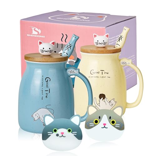 SHENDONG 2 Pack Cat Mugs Cute Ceramic Coffee Cups Set of 2 with Kawaii Bamboo Lid and Spoon Novelty Morning Cup Coffee Milk Tea Mugs - 3d Animal Cat Mugs for Cat Lovers Women Gifts(Blue and Yellow)