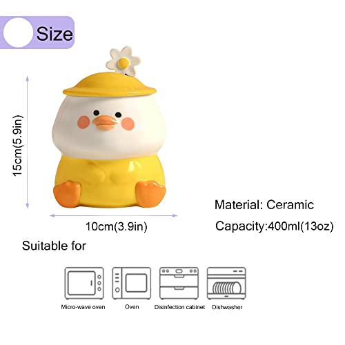 Yellow Funny Duck Cup 3D Cute Mug Ceramic Coffee Mug with Spoon and Lid Kawaii Mug Animal Mug for Milk Tea Cappuccino Mug for Women Girls Cute Birthday Christmas Gifts Idea