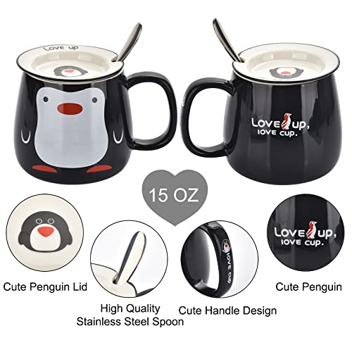 BUYNEED Funny Cute Animal Penguin Office Porcelain Tea Coffee Milk Ceramic Mug Cup with Lid and Spoon 15 oz,Holiday and Cute Christmas Birthday Gifts for Women,Men,Friends,Kids,Black
