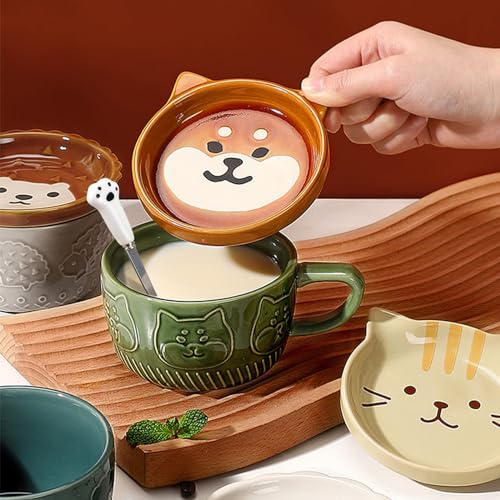 Cute Kawaii Dog Mug,Dog Coffee Mugs with Lids,Novelty Animal Coffee Ceramic Tea Cup Dessert Saucer Set,Christmas Birthday Presents for Girls Friend Kids,Dog lovers gifts for women