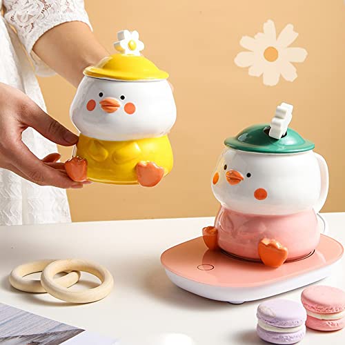 Yellow Funny Duck Cup 3D Cute Mug Ceramic Coffee Mug with Spoon and Lid Kawaii Mug Animal Mug for Milk Tea Cappuccino Mug for Women Girls Cute Birthday Christmas Gifts Idea