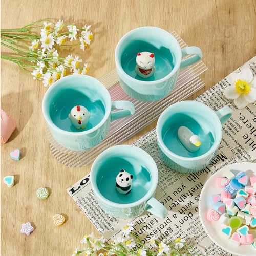 Uiifan 4 Pieces 3D Mug Animal Mug 3D Coffee Mug Hidden 3D Cartoon Ceramics Figurine Tea Cup 3D Mug Animal Inside Cup Cute Mug for Coffee Gift Friend Women Men (Cute)