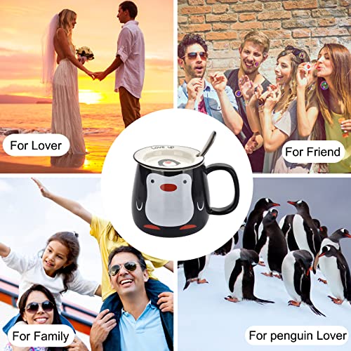 BUYNEED Funny Cute Animal Penguin Office Porcelain Tea Coffee Milk Ceramic Mug Cup with Lid and Spoon 15 oz,Holiday and Cute Christmas Birthday Gifts for Women,Men,Friends,Kids,Black