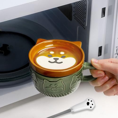 Cute Kawaii Dog Mug,Dog Coffee Mugs with Lids,Novelty Animal Coffee Ceramic Tea Cup Dessert Saucer Set,Christmas Birthday Presents for Girls Friend Kids,Dog lovers gifts for women