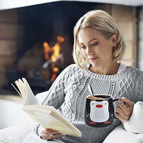 BUYNEED Funny Cute Animal Penguin Office Porcelain Tea Coffee Milk Ceramic Mug Cup with Lid and Spoon 15 oz,Holiday and Cute Christmas Birthday Gifts for Women,Men,Friends,Kids,Black
