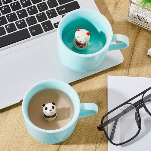 Uiifan 4 Pieces 3D Mug Animal Mug 3D Coffee Mug Hidden 3D Cartoon Ceramics Figurine Tea Cup 3D Mug Animal Inside Cup Cute Mug for Coffee Gift Friend Women Men (Cute)