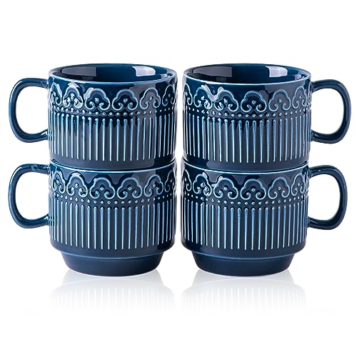 AmorArc 8oz Cappuccino Mug Set of 4, Stackable Coffee Mugs for Man, Woman, Dad, Mom, Ceramic Coffee Cups with Textured Patterns for Tea/Latte/Cappuccino. Dishwasher&Microwave Safe, Blue