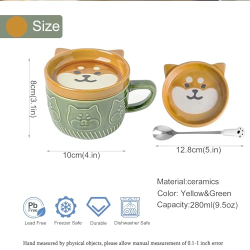 Cute Kawaii Dog Mug,Dog Coffee Mugs with Lids,Novelty Animal Coffee Ceramic Tea Cup Dessert Saucer Set,Christmas Birthday Presents for Girls Friend Kids,Dog lovers gifts for women