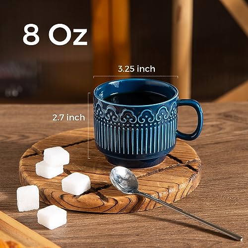 AmorArc 8oz Cappuccino Mug Set of 4, Stackable Coffee Mugs for Man, Woman, Dad, Mom, Ceramic Coffee Cups with Textured Patterns for Tea/Latte/Cappuccino. Dishwasher&Microwave Safe, Blue