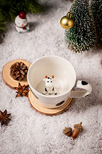 DIHOclub Cow Ceramic Cup Hidden 3D Animal Inside Mug,Cute Cartoon Handmade Figurine Mugs,Holiday and Birthday Gift for Coffee Milk Tea Lovers,12 OZ(White,Black)