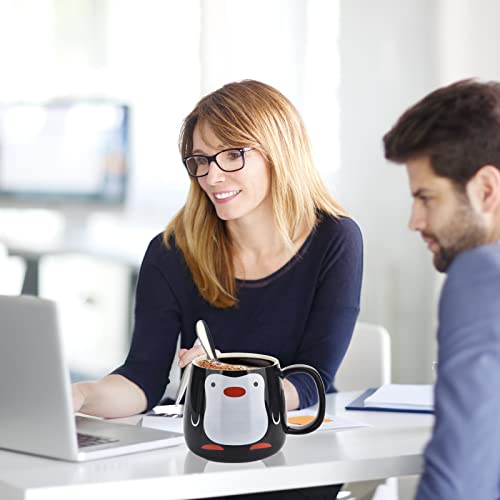 BUYNEED Funny Cute Animal Penguin Office Porcelain Tea Coffee Milk Ceramic Mug Cup with Lid and Spoon 15 oz,Holiday and Cute Christmas Birthday Gifts for Women,Men,Friends,Kids,Black