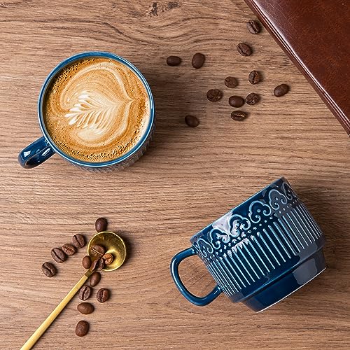 AmorArc 8oz Cappuccino Mug Set of 4, Stackable Coffee Mugs for Man, Woman, Dad, Mom, Ceramic Coffee Cups with Textured Patterns for Tea/Latte/Cappuccino. Dishwasher&Microwave Safe, Blue