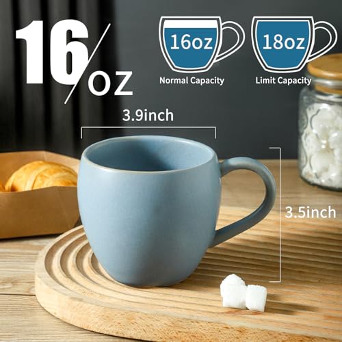 Tikooere Coffee Mugs Set of 4, 16 oz Stoneware Coffee Cups with Big Handle, Ceramic Mug Set for Coffee, Latte, Tea, Milk, Home, Office, Housewarming Wedding Decor Gift, Matte Blue