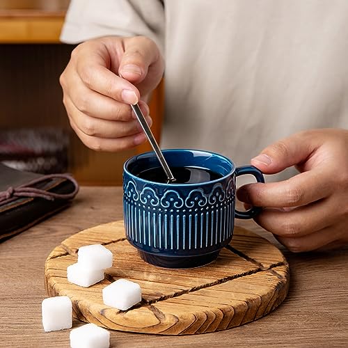 AmorArc 8oz Cappuccino Mug Set of 4, Stackable Coffee Mugs for Man, Woman, Dad, Mom, Ceramic Coffee Cups with Textured Patterns for Tea/Latte/Cappuccino. Dishwasher&Microwave Safe, Blue