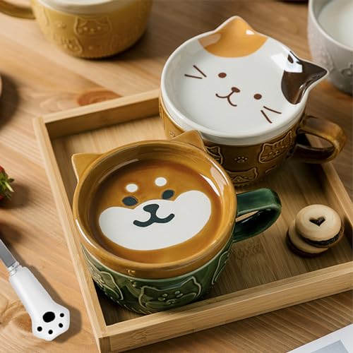 Cute Kawaii Dog Mug,Dog Coffee Mugs with Lids,Novelty Animal Coffee Ceramic Tea Cup Dessert Saucer Set,Christmas Birthday Presents for Girls Friend Kids,Dog lovers gifts for women