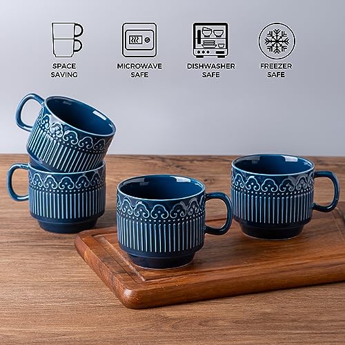 AmorArc 8oz Cappuccino Mug Set of 4, Stackable Coffee Mugs for Man, Woman, Dad, Mom, Ceramic Coffee Cups with Textured Patterns for Tea/Latte/Cappuccino. Dishwasher&Microwave Safe, Blue