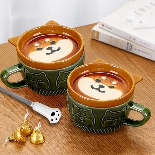 Cute Kawaii Dog Mug,Dog Coffee Mugs with Lids,Novelty Animal Coffee Ceramic Tea Cup Dessert Saucer Set,Christmas Birthday Presents for Girls Friend Kids,Dog lovers gifts for women